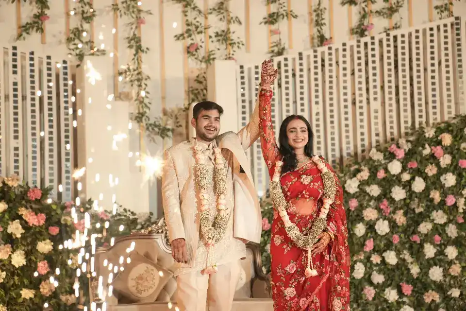 Traditional Indian wedding ceremony with decorated mandap
