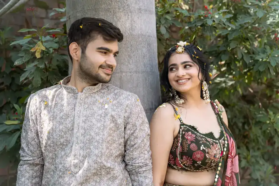 Elegant couple portrait in palace setting